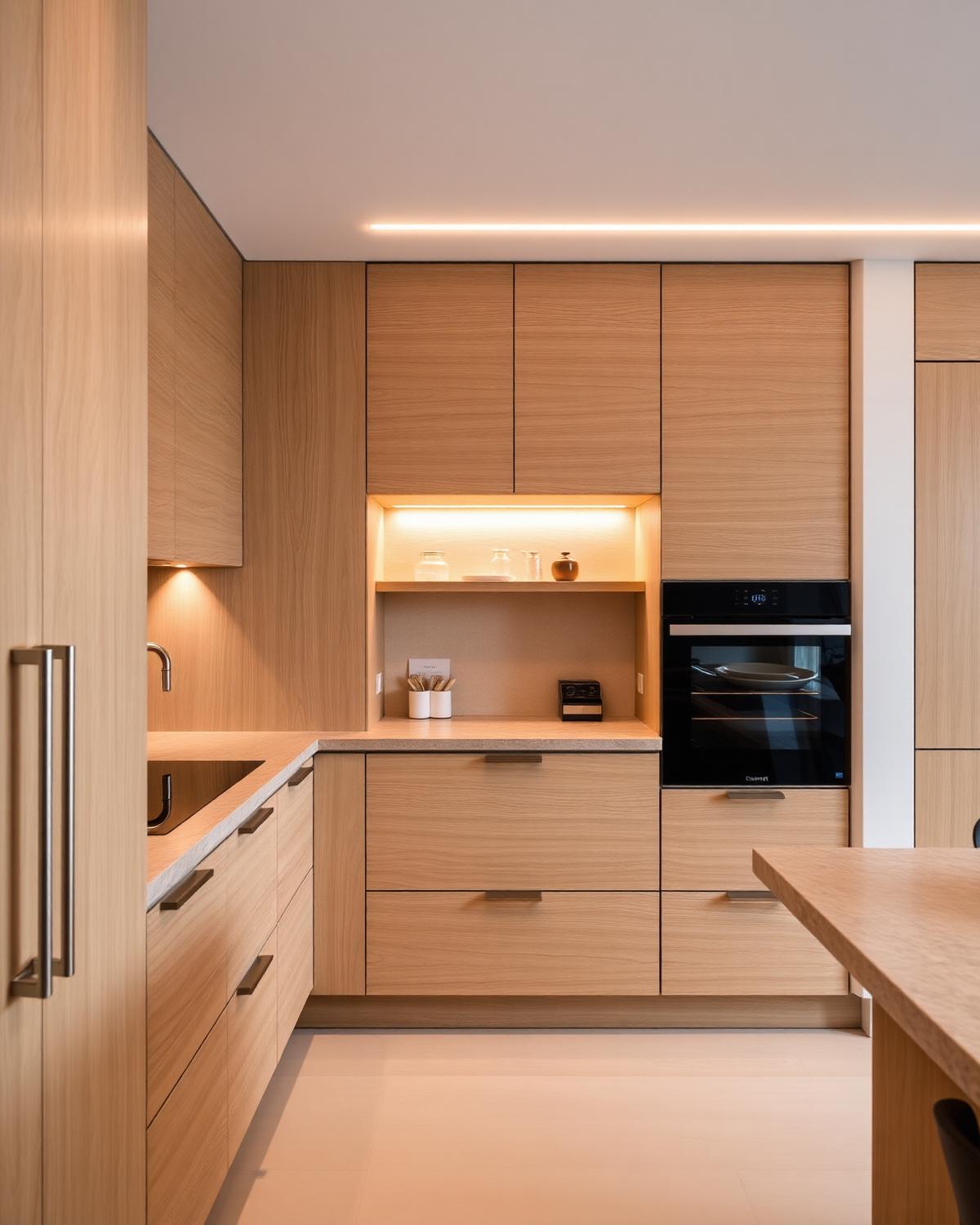 Cozinha planejada em madeira com iluminação linear