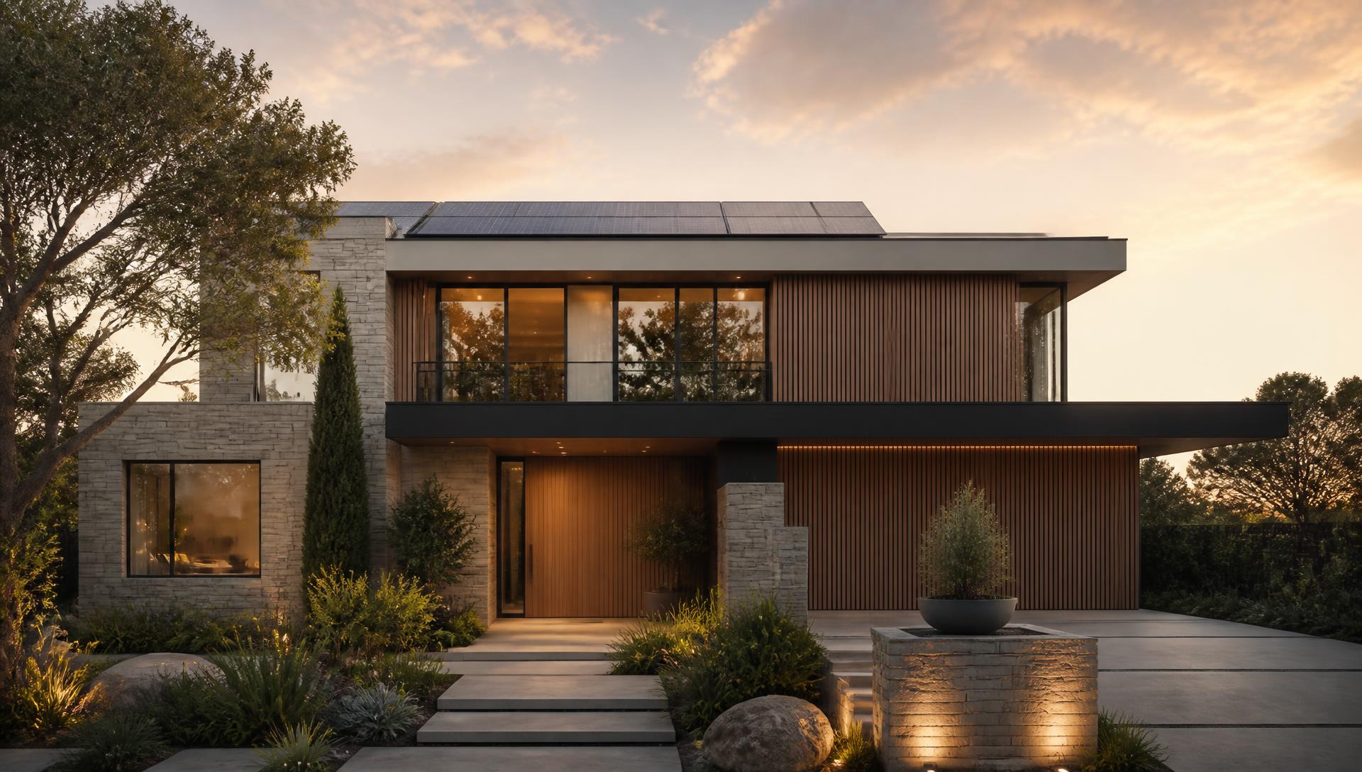 Painéis solares instalados em residência contemporânea